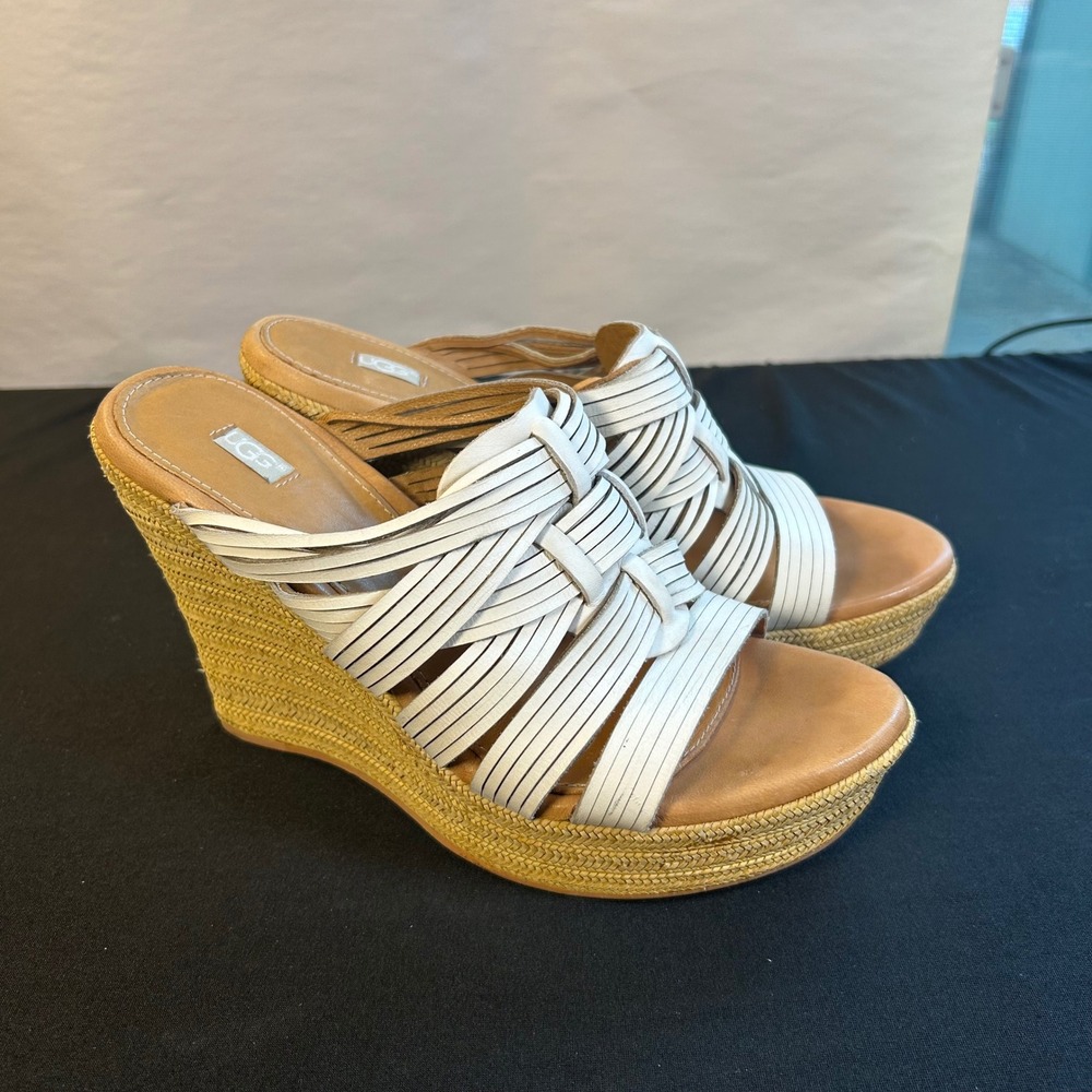 UGG Melinda White Leather Espadrille Wedge Sandals Womens 7
